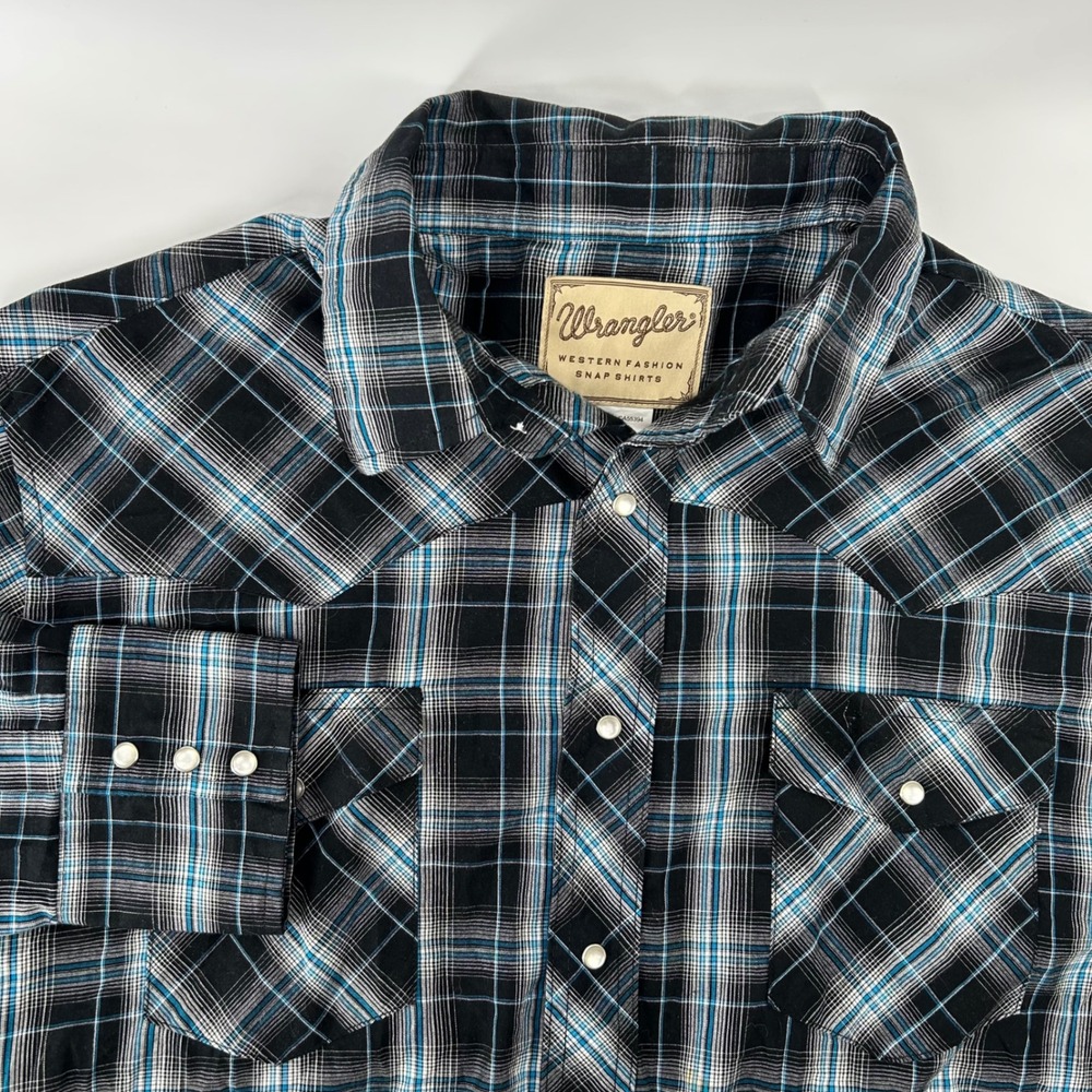 Wrangler Western Snap Shirt Mens XL Black Blue Plaid Pearl Snap Cowboy WM190BK